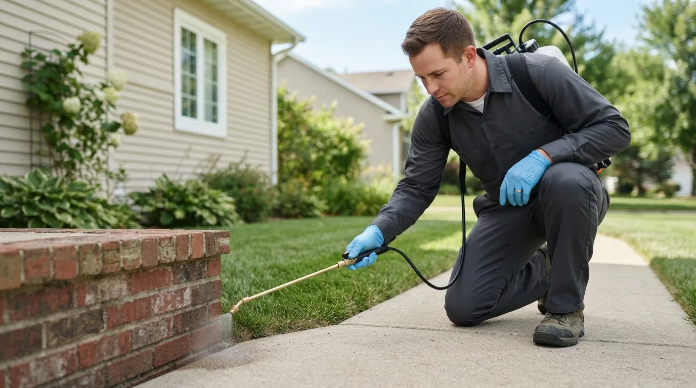 Pest control technician treating a home near Lee, FL